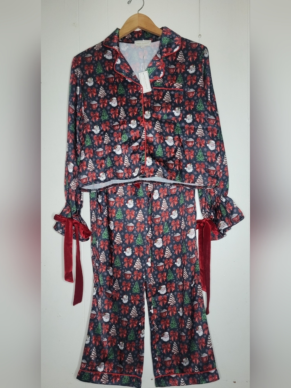 Simply Southern Navy Holiday Print Pajama Pants with Red Velvet Tie